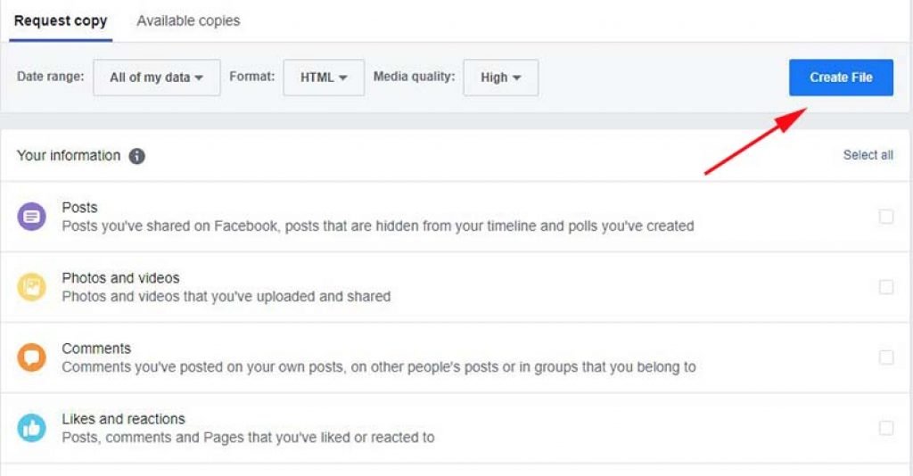 Create file of your facebook information