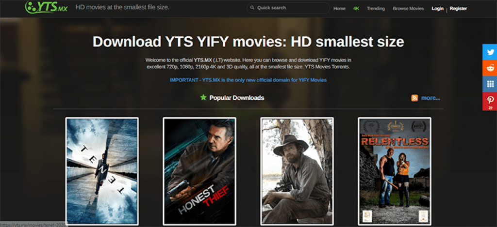 YTS homepage, A high quality movies torrent site