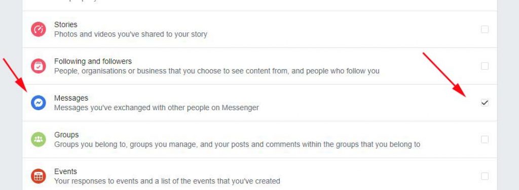 Tick on the information you want to download including facebook messages
