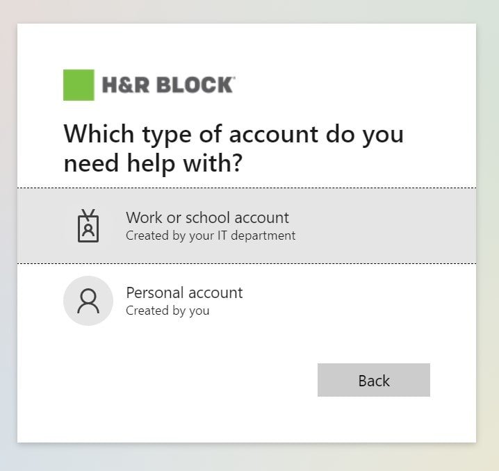 H&R block account info after you select"I cannot access my account"