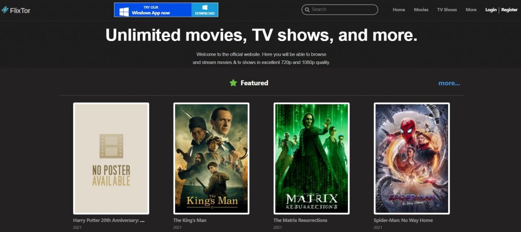 flixtor homepage screenshot - The Best Couchtuner alternative site of the list