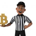 A cartoon man holding the bitcoin logo