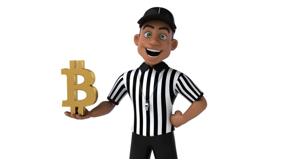 A cartoon man holding the bitcoin logo