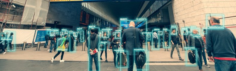 Ai identify person technology for recognize, classify and predict human behavior for safety. Futuristic artificial intelligence. Surveillance and data collection of citizens through city cameras