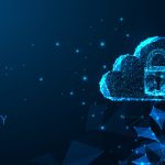 Futuristic Cloud security concept with glowing low polygonal cloud technology symbol and padlock