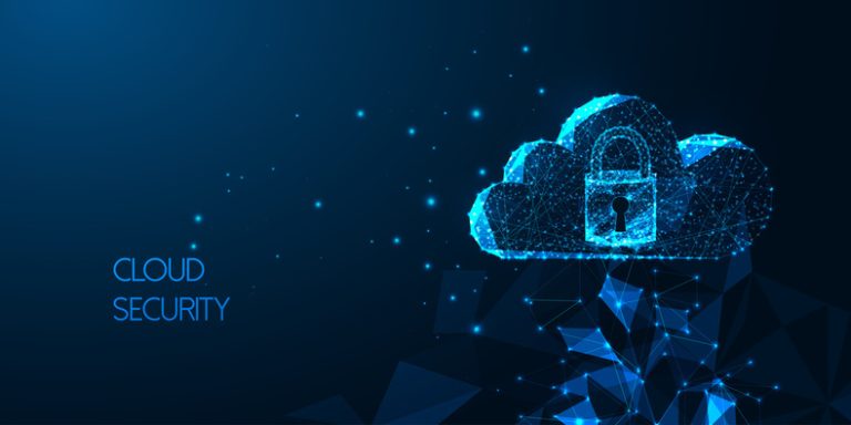 Futuristic Cloud security concept with glowing low polygonal cloud technology symbol and padlock