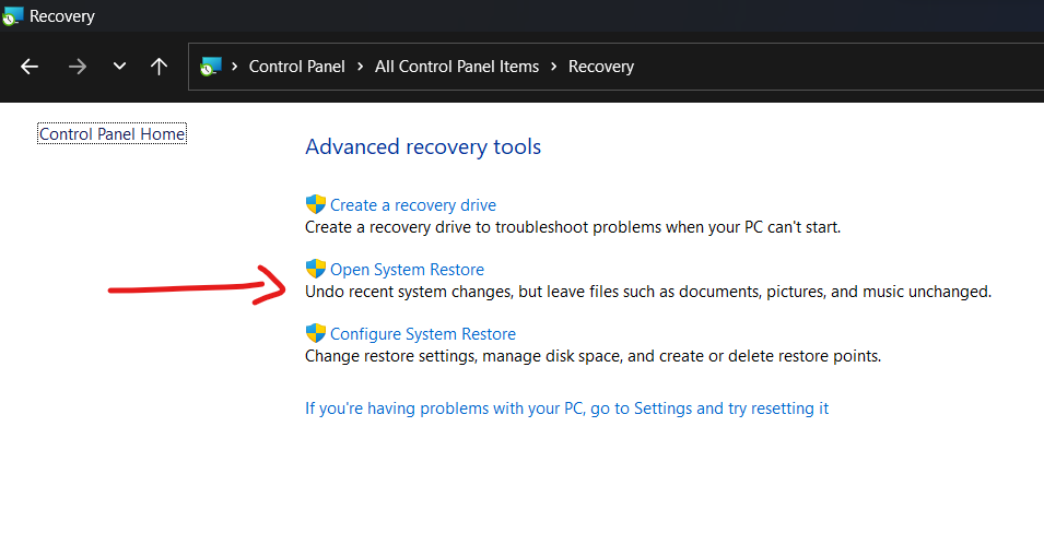 open system restore option in recovery option in control panel