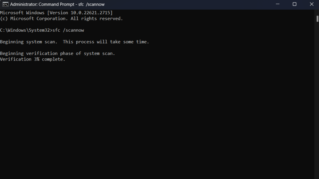 Command Prompt with sfc /scannow in process